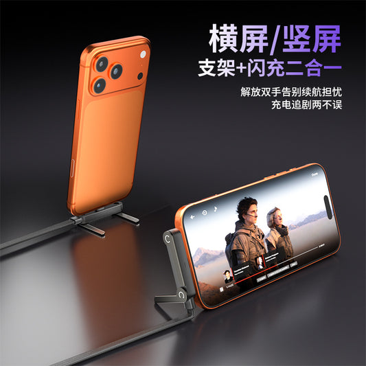 Anglevolt – Orange phone propped on the cable's folding stand in portrait and landscape, playing a video
