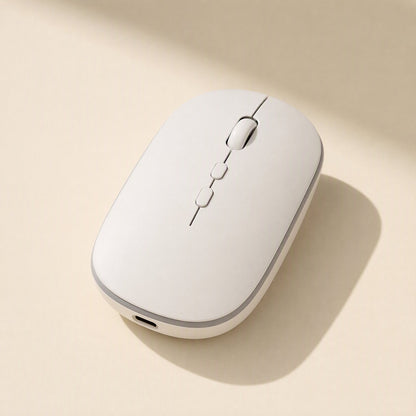 Swiftroam – White mouse with grey trim, angled view showing the USB-C port and two small buttons