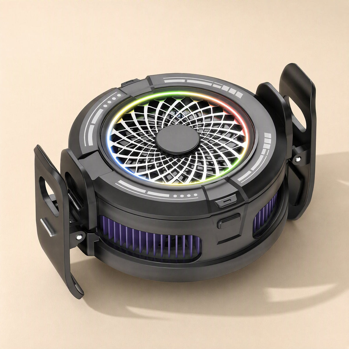 Chillmate Magnetic Phone Cooler in black with rainbow LED ring and two side clips, seen from above