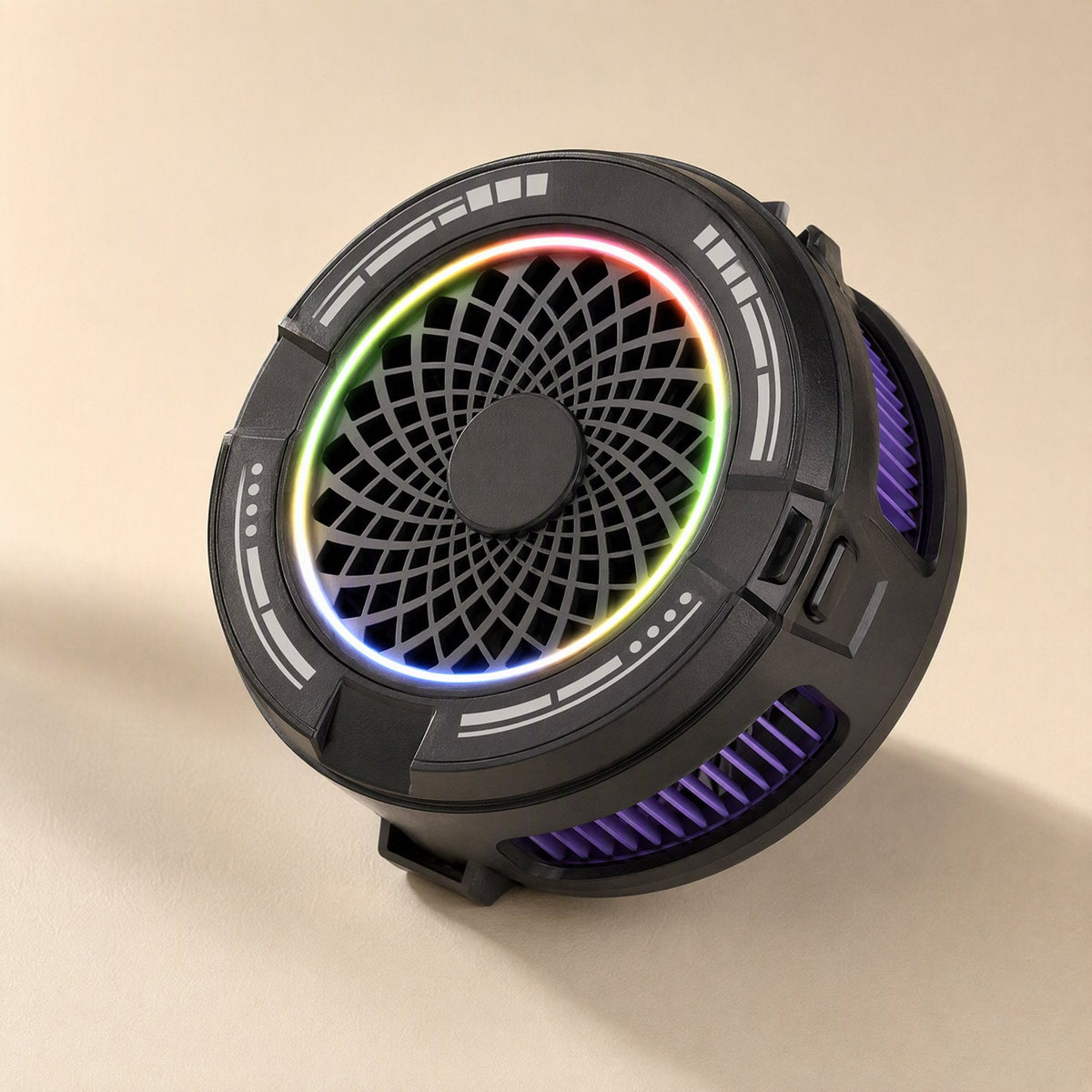 Chillmate Magnetic Phone Cooler – black round cooler with glowing multicolor ring and purple vents, angled side view