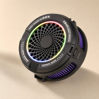 Chillmate Magnetic Phone Cooler – black round cooler with glowing multicolor ring and purple vents, angled side view