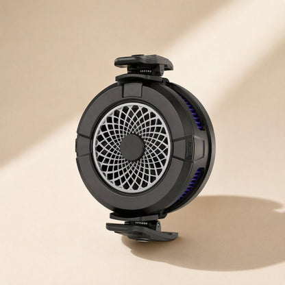 Chillmate – Back view of the black cooler with spiral fan grille and spring-loaded clips at top and bottom
