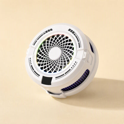 Chillmate – White version of the round cooler with spiral fan grille and faint rainbow ring, angled view