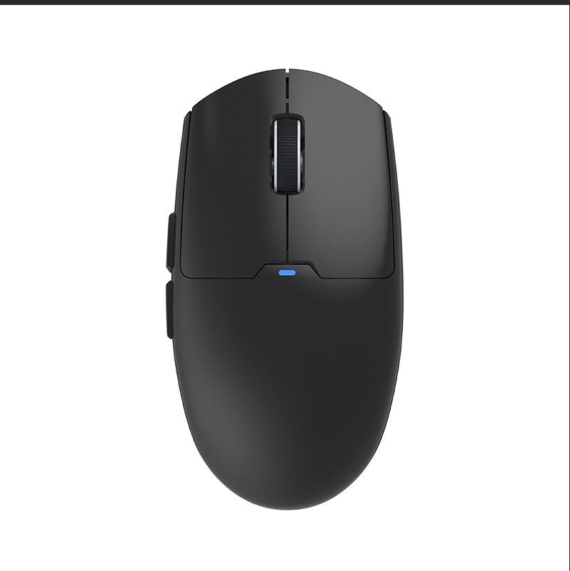 Pixeldash – Black gaming mouse from above on a white background, with scroll wheel and blue LED indicator