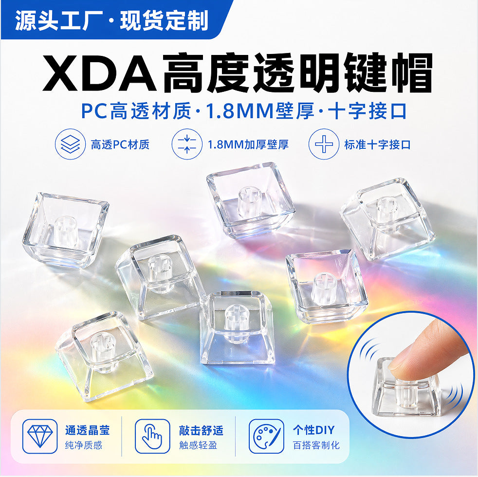 Clearcap transparent keycap set, seven clear caps scattered on a rainbow holographic surface, finger pressing one