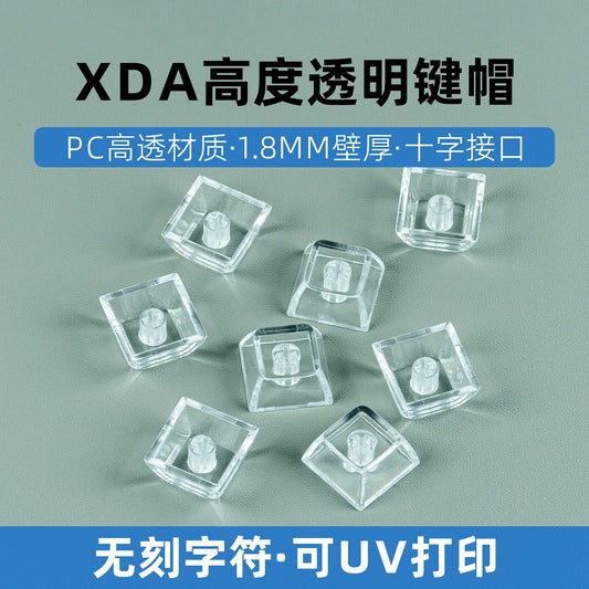 Clearcap – Seven clear keycaps with cross stems arranged on a pale blue-gray background with Chinese text banner