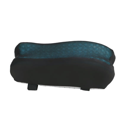 Perchmellow – Side view of the black armrest pad with a curved teal mesh top and strap on a plain white background