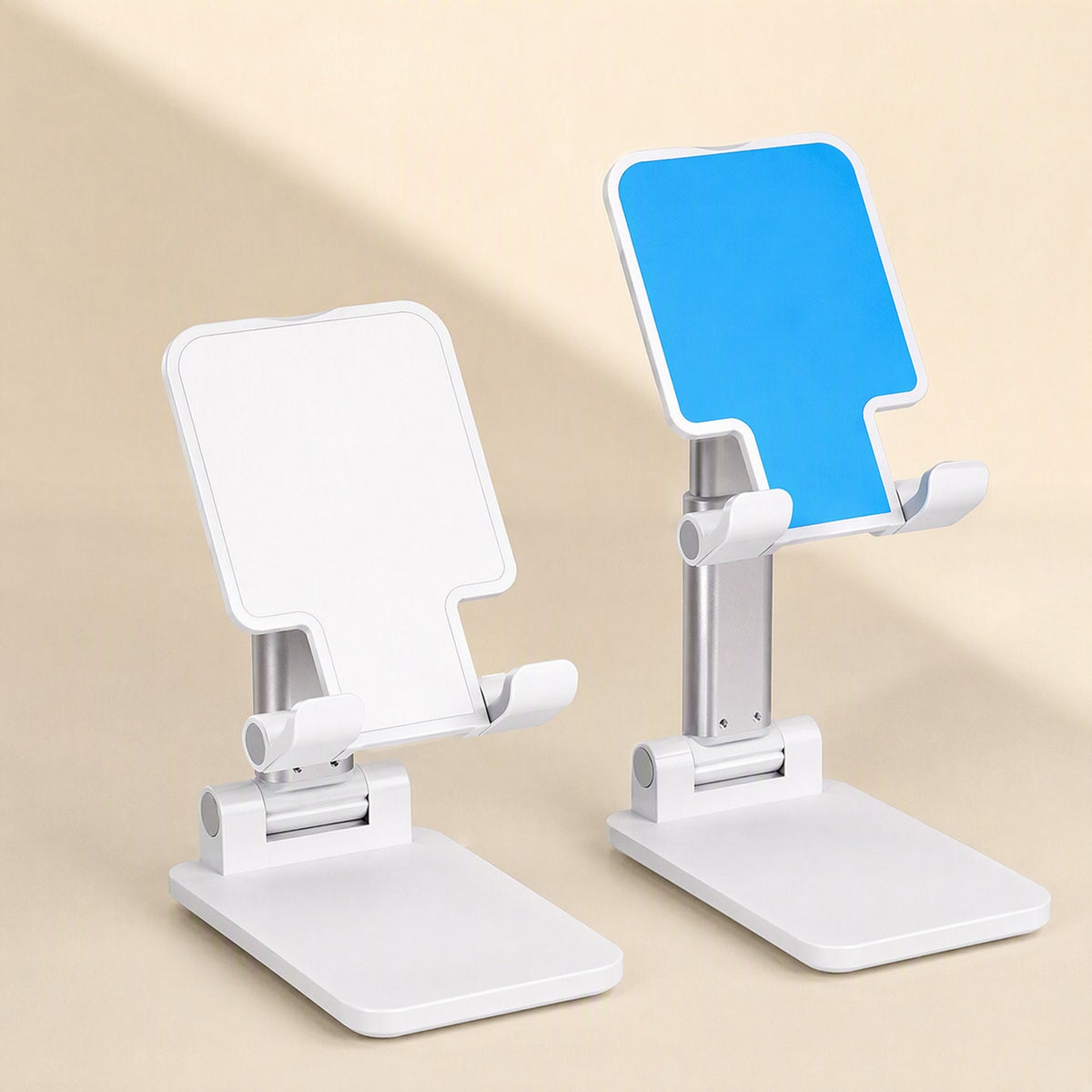 Flexperch Phone Stand in white beside a blue-faced version on a beige background