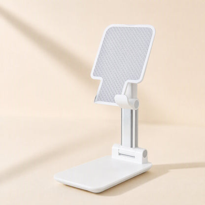 Flexperch Phone Stand – white desktop phone holder seen from the side with raised silver arm and tilted backplate