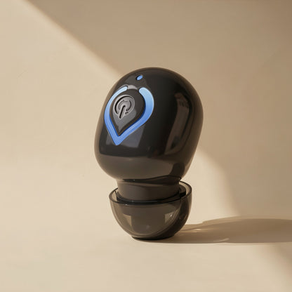 Solehear – Black earbud with blue power button ring and a translucent smoke-gray ear tip, front view in soft light