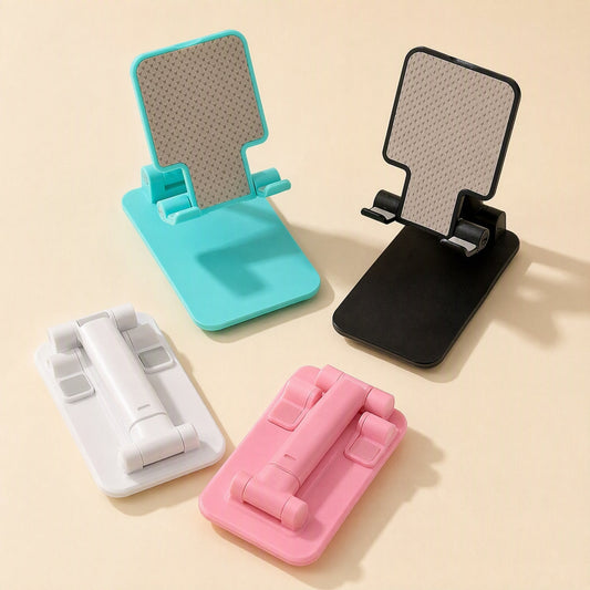 Flipangle – Four folding phone stands in teal, black, white and pink, two open and two folded flat