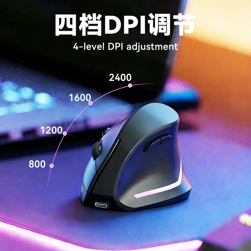 Quietilt – Vertical mouse on a desk with pink side glow, curved scale marking 800, 1200, 1600 and 2400 DPI levels