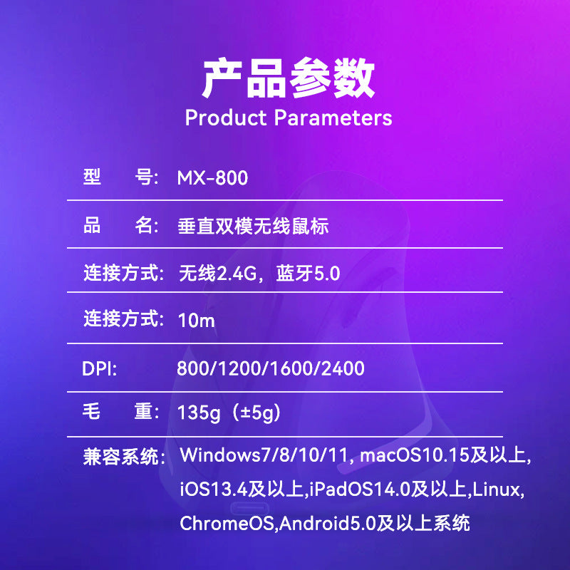 Quietilt – Product parameters table listing model MX-800, 2.4G and Bluetooth 5.0, DPI levels, weight and compatible systems