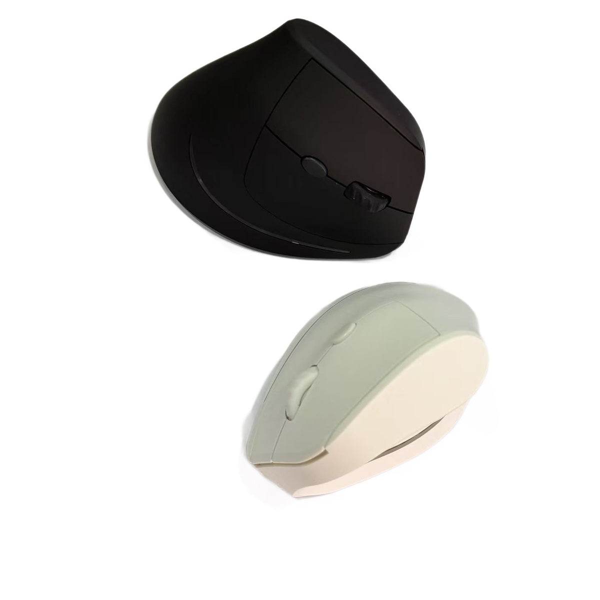 Quietilt – Two vertical mice side by side, one black and one in pale green and cream, shown from above on white