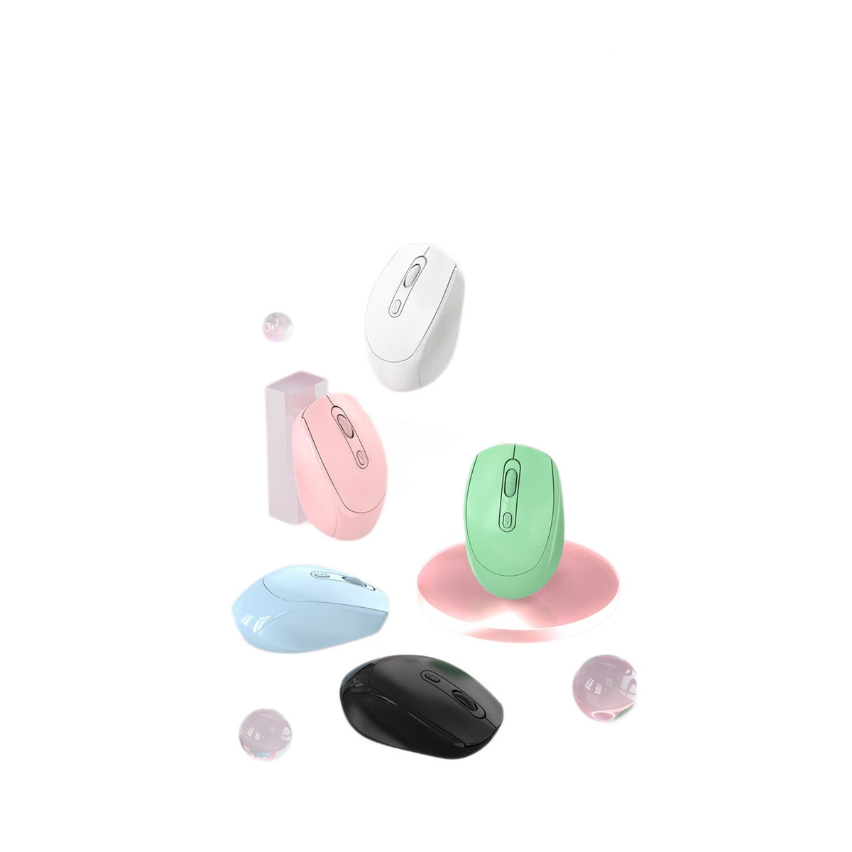 Quiettap – Wireless mouse in white, pink, green, blue and black arranged in a floating group on a white background