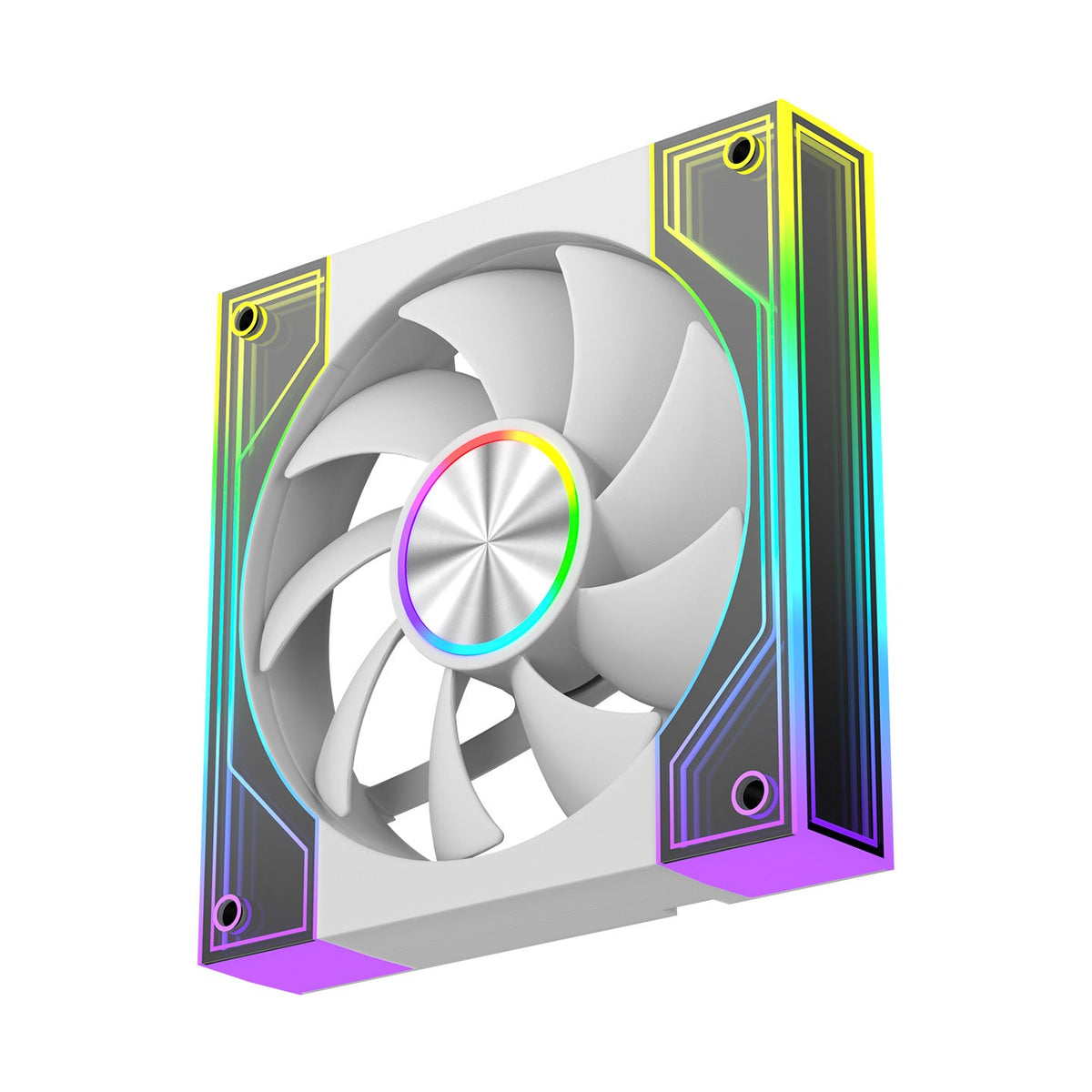 Lunarflow – White 12cm fan seen at an angle, with a rainbow ring around a silver hub and yellow-to-purple edge lights