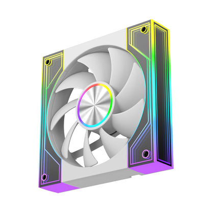 Lunarflow – White 12cm fan seen at an angle, with a rainbow ring around a silver hub and yellow-to-purple edge lights