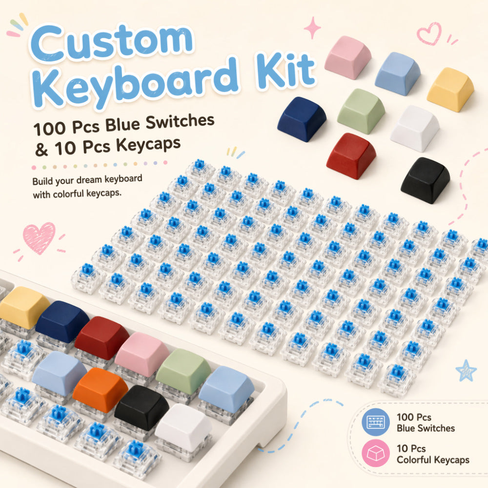 Keycraft mechanical keyboard switches with keycaps: blue switches and pastel caps beside a partly built keyboard