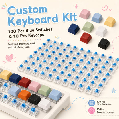 Keycraft mechanical keyboard switches with keycaps: blue switches and pastel caps beside a partly built keyboard