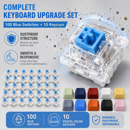 Keycraft – Close-up of a clear blue mechanical switch above rows of switches and ten pastel keycaps