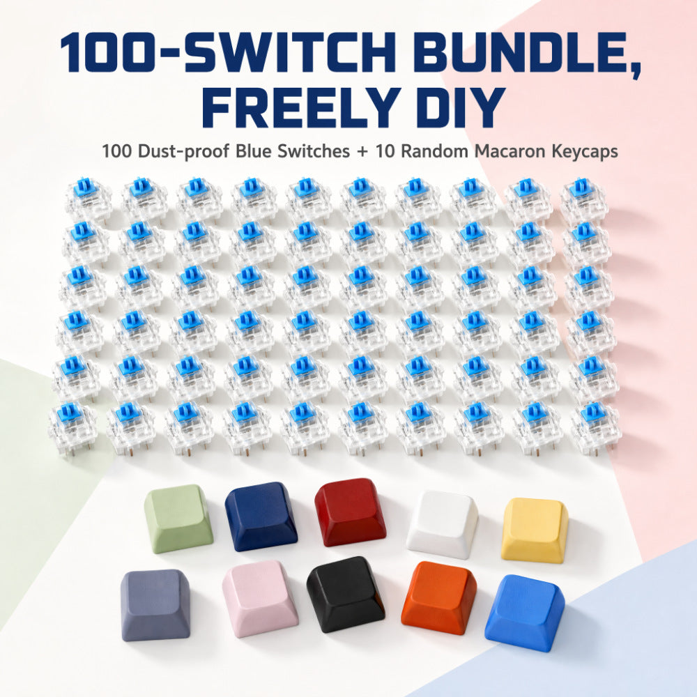 Keycraft – Grid of 100 blue switches above ten macaron-colored keycaps on a pastel background