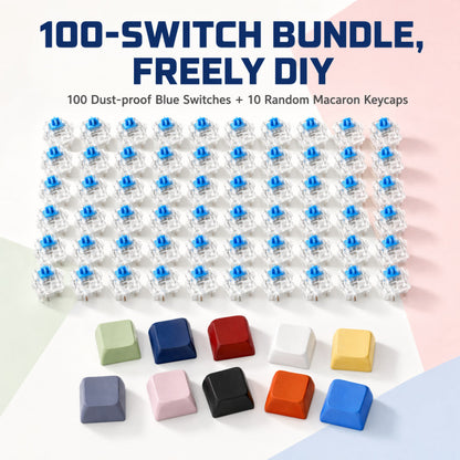 Keycraft – Grid of 100 blue switches above ten macaron-colored keycaps on a pastel background