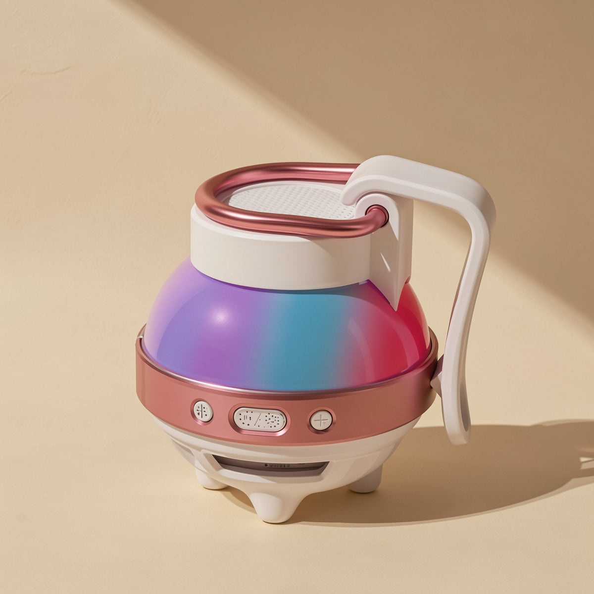 Cardchime Bluetooth Speaker in white and rose gold with a rainbow gradient dome and side handle