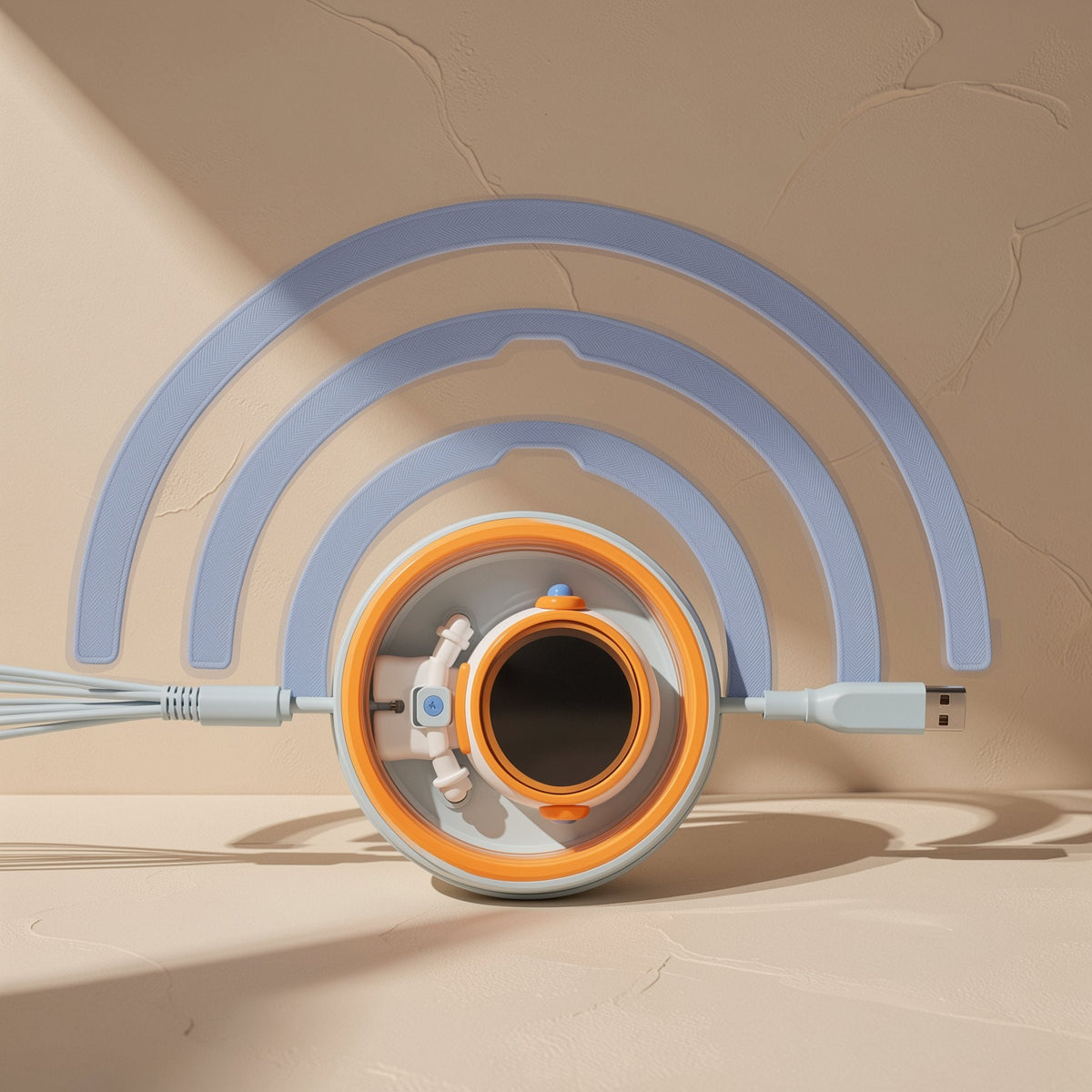 Pullcharge – Round cable housing with orange rim and astronaut inside, USB plug extended, blue signal arcs behind