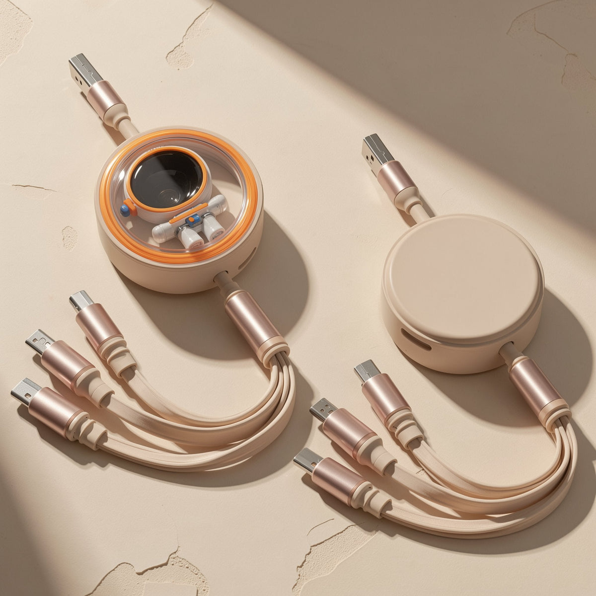 Pullcharge – Two cream cable pods side by side, one showing the astronaut window, one with a plain back, tips fanned out