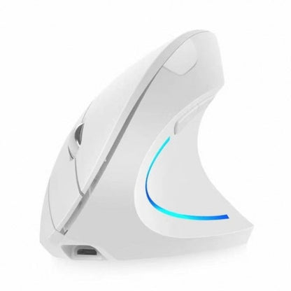 Uprisemouse – White vertical ergonomic mouse with blue light strip and USB charging port, shown at a three-quarter angle