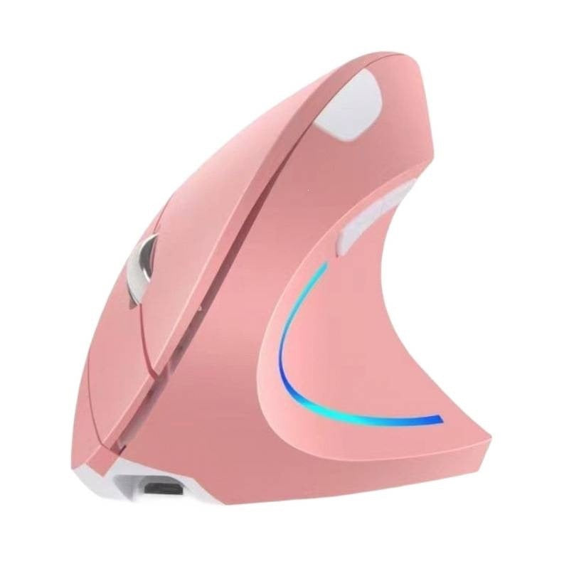 Uprisemouse – Pink vertical ergonomic mouse with white accents, blue light strip, scroll wheel and charging port