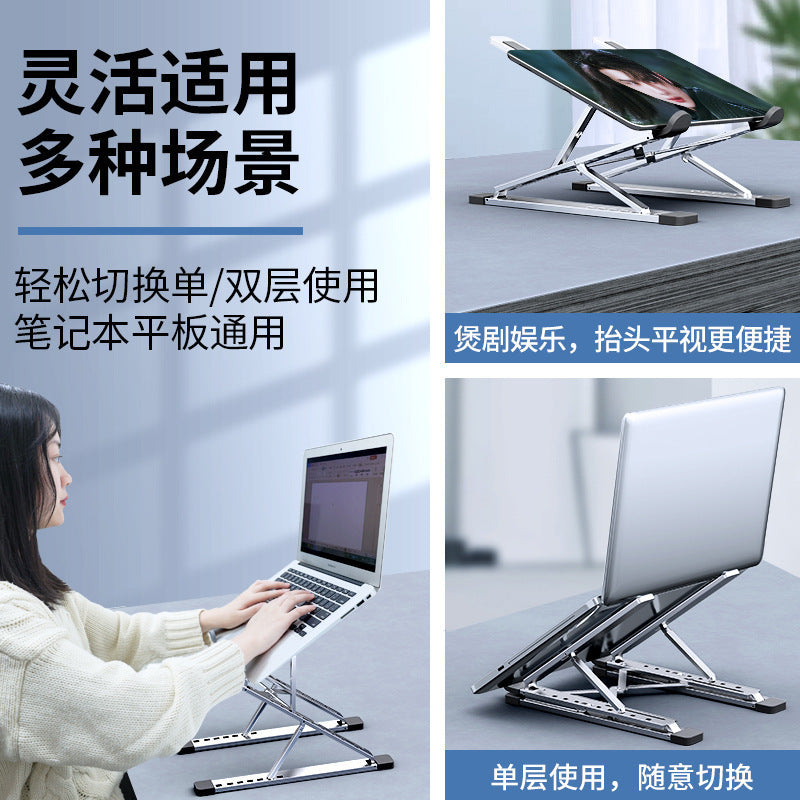 Risehinge – Woman typing at a laptop on the stand, with a tablet on a stand and a rear view of a raised laptop