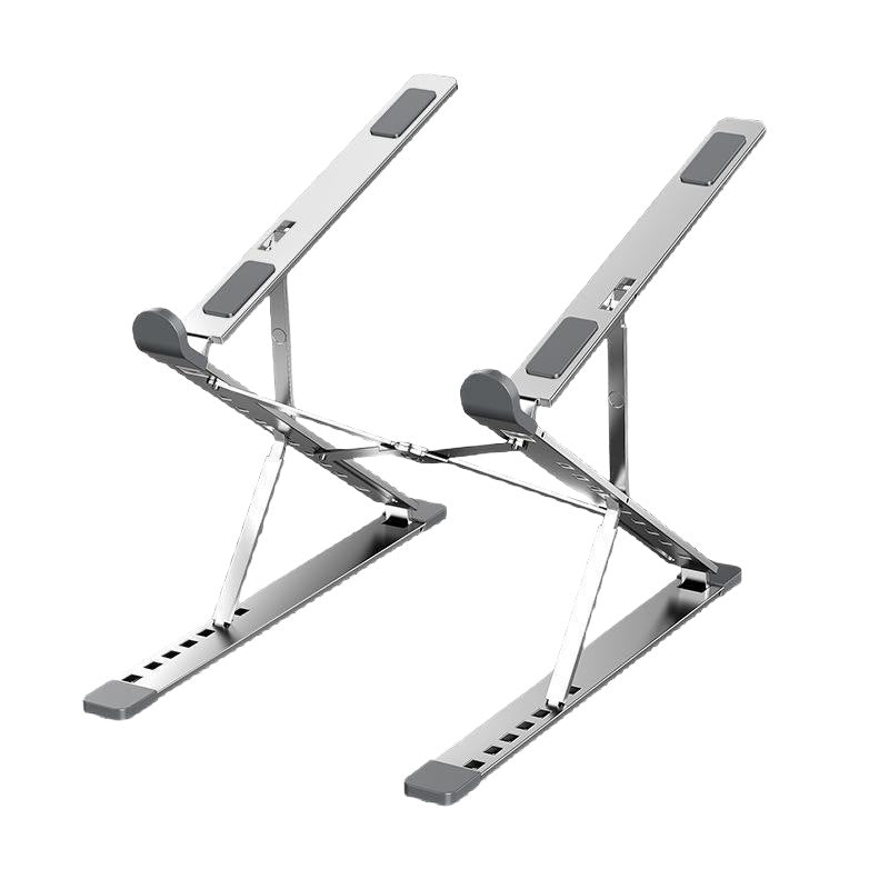 Risehinge – Two silver double-layer laptop stands with gray feet and pads, shown on a plain white background