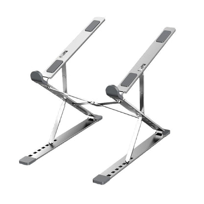 Risehinge – Two silver double-layer laptop stands with gray feet and pads, shown on a plain white background