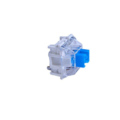 Clickzen – Side view of a clear-housing switch with a white frame and blue stem on a white background