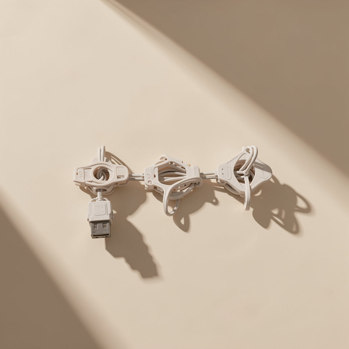 Deskclip Plastic Desktop Cable Clips – three small white clips in a row on a beige wall, one holding a USB cable end