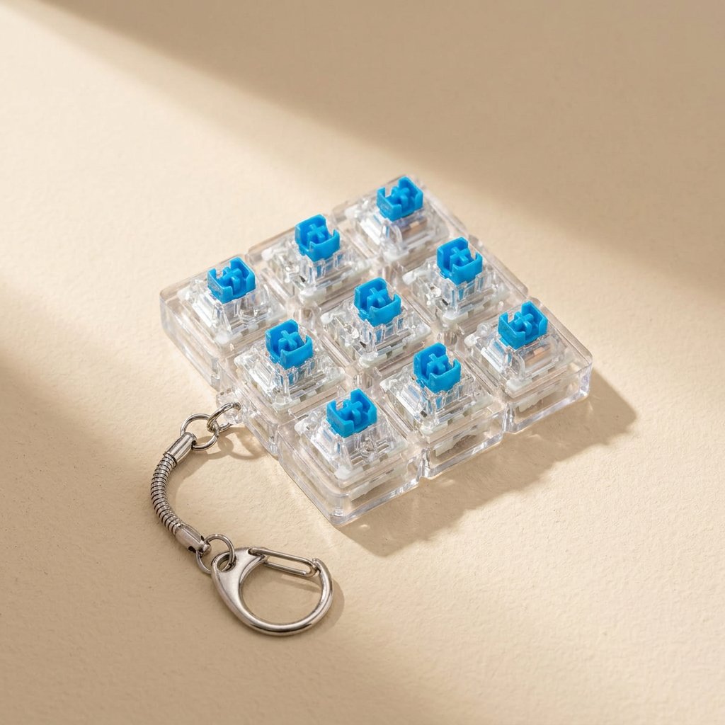 Shibapop Shiba Inu PBT Mechanical Keycaps shown as a 3x3 clear switch tester keychain with blue switches