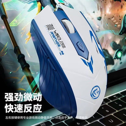 Mecham Wireless Bluetooth Mouse – blue-and-white mouse tilted over a laptop keyboard, showing the scroll wheel and DPI button