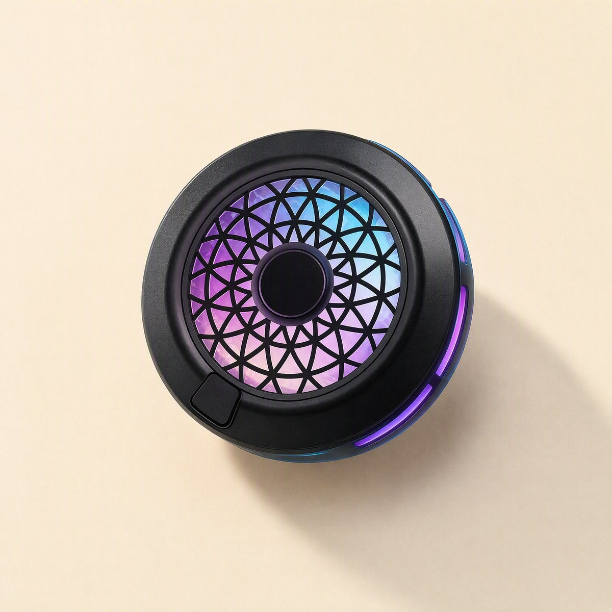 Metalchill – Round black phone cooler with purple and blue edge lighting, top-down view on a cream background