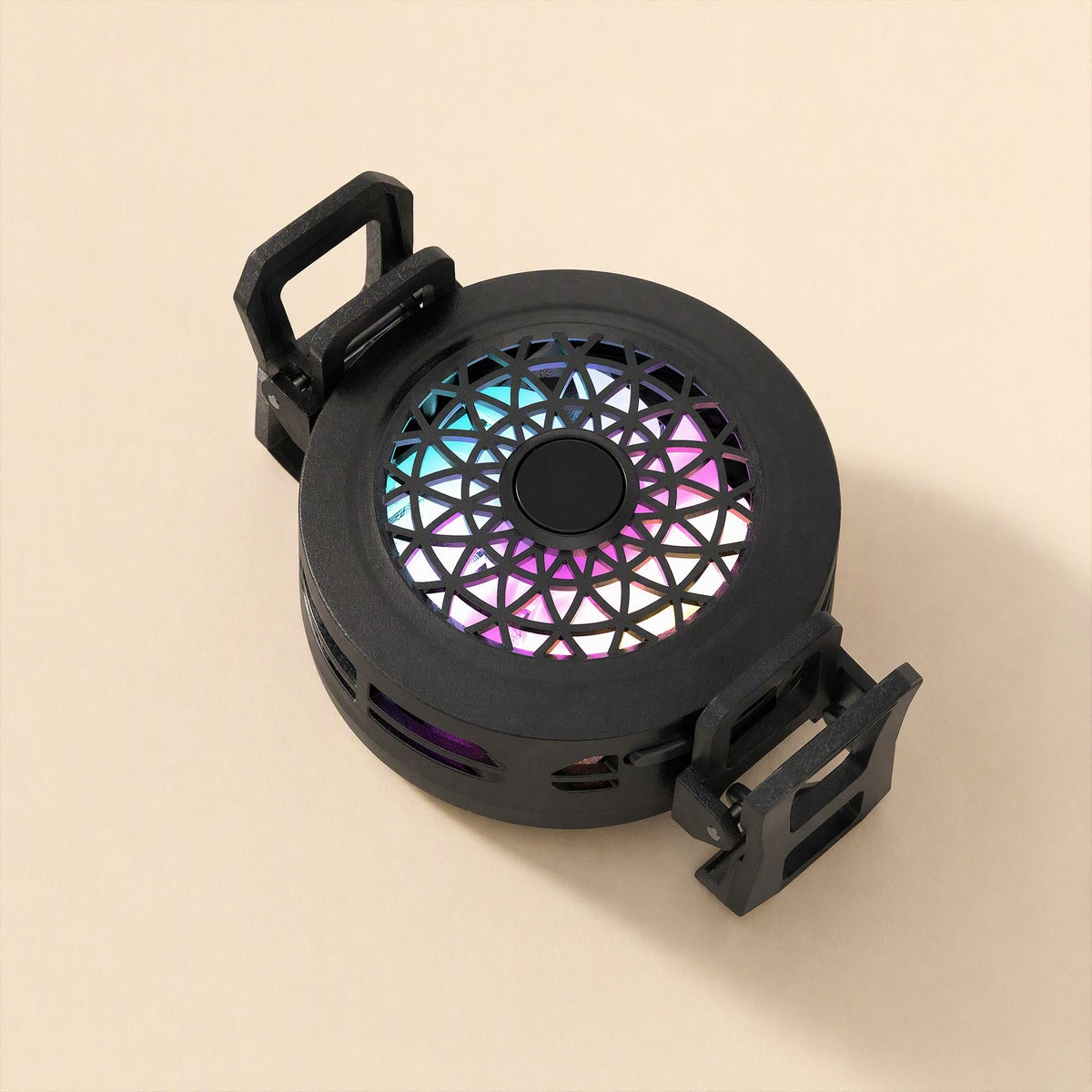 Metalchill – Round cooler with two black folding clips extended on opposite sides, lit grille facing up