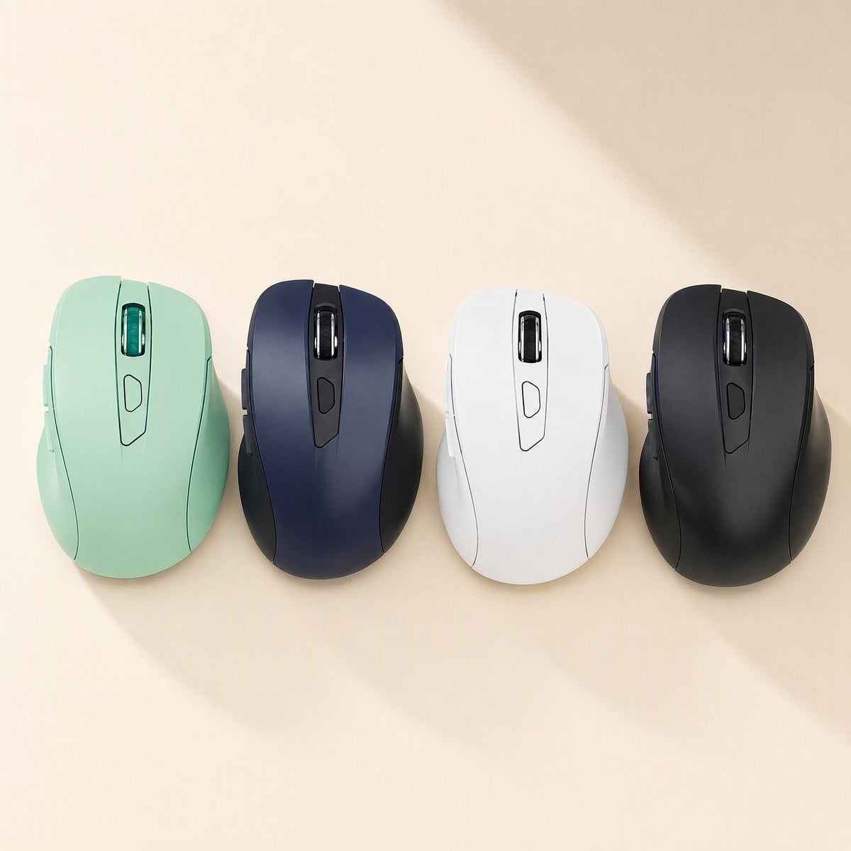 Twinclick Dual-Mode Wireless Bluetooth Mouse in mint green, navy, white and black, shown side by side