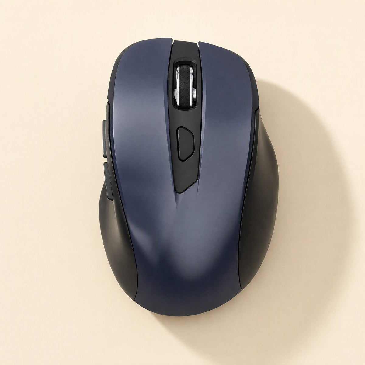 Twinclick – Navy blue and black wireless mouse, top view showing scroll wheel and center button