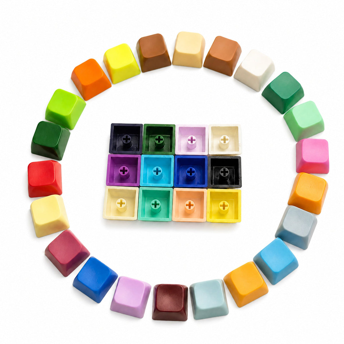 Capscript – Same ring of multicoloured keycaps on pure white, with underside stem sockets in the centre