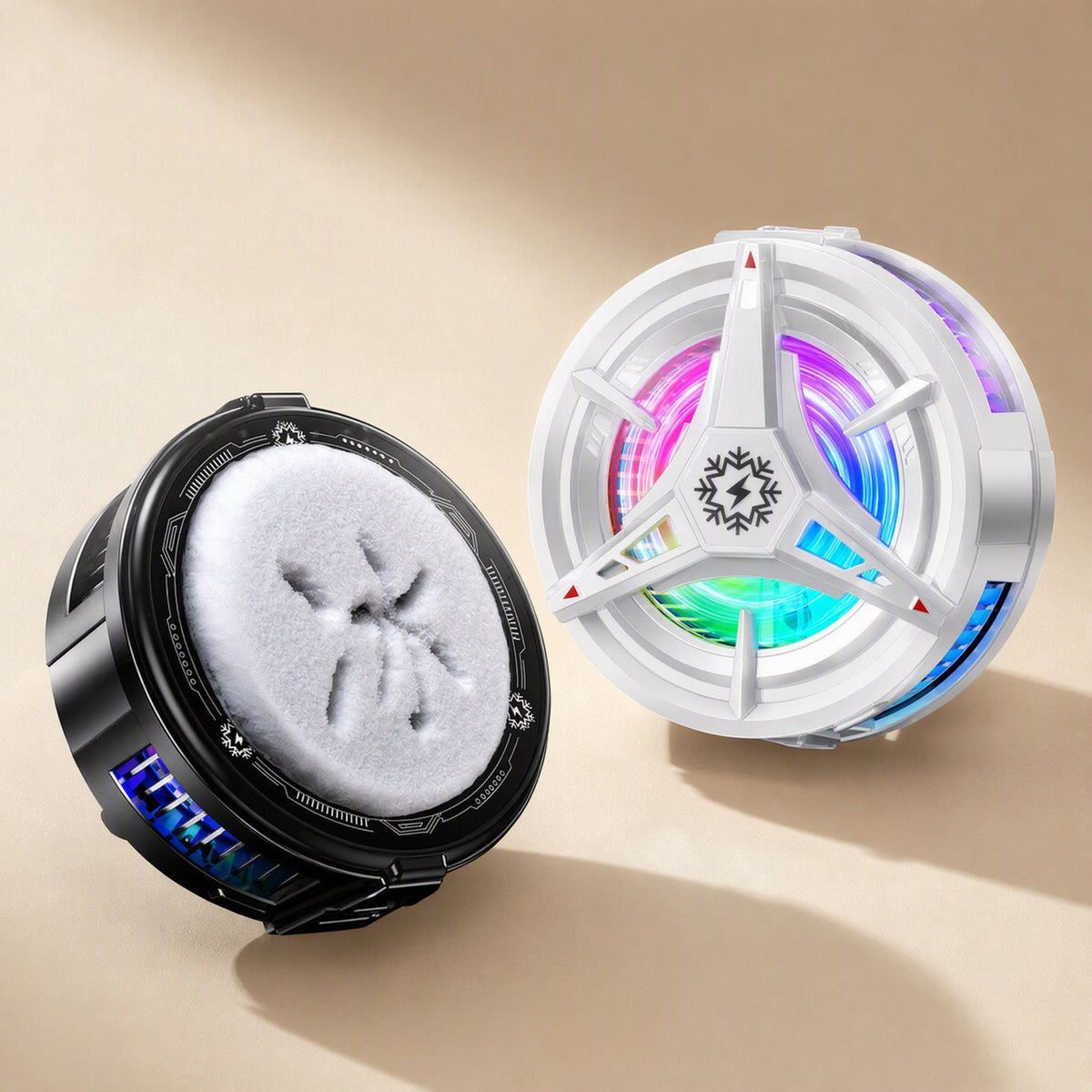 Cooldial Digital Display Phone Cooler in black and white, shown side by side with RGB fan lights and a fuzzy pad
