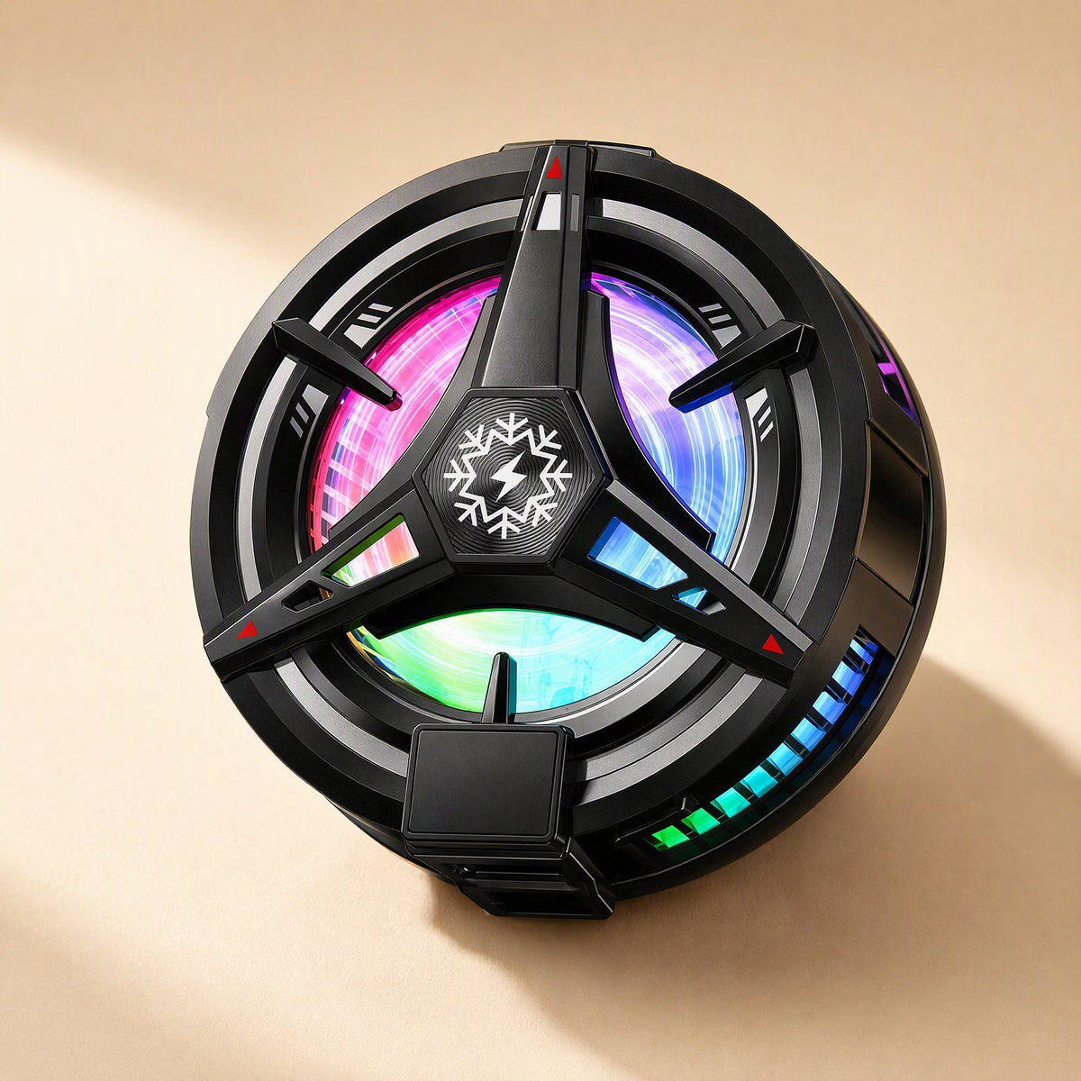 Cooldial – Black cooler with three-spoke grille, snowflake logo and RGB glow, small digital display at the bottom