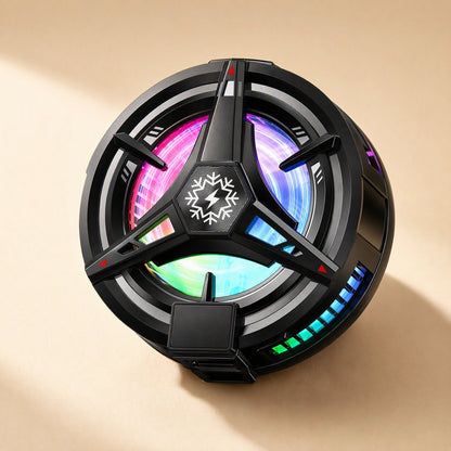 Cooldial – Black cooler with three-spoke grille, snowflake logo and RGB glow, small digital display at the bottom