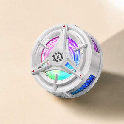 Cooldial – White magnetic clip-on cooler at an angle, showing rainbow light ring and blue side vent glow