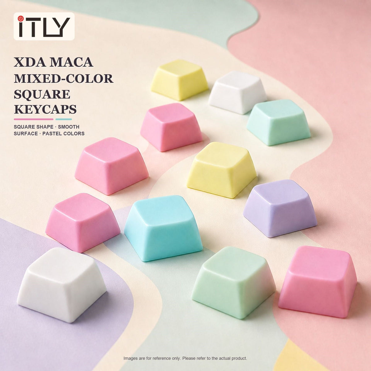 Macarune Macaron keycaps in mixed pastel colors scattered on a pastel backdrop with wavy shapes