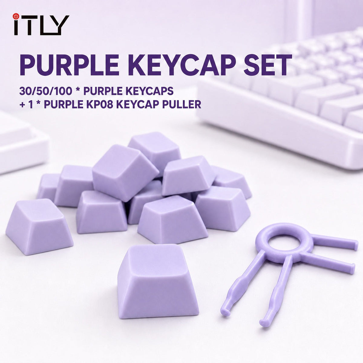 Macarune – Pile of purple square keycaps beside a purple keycap puller, with a keyboard behind