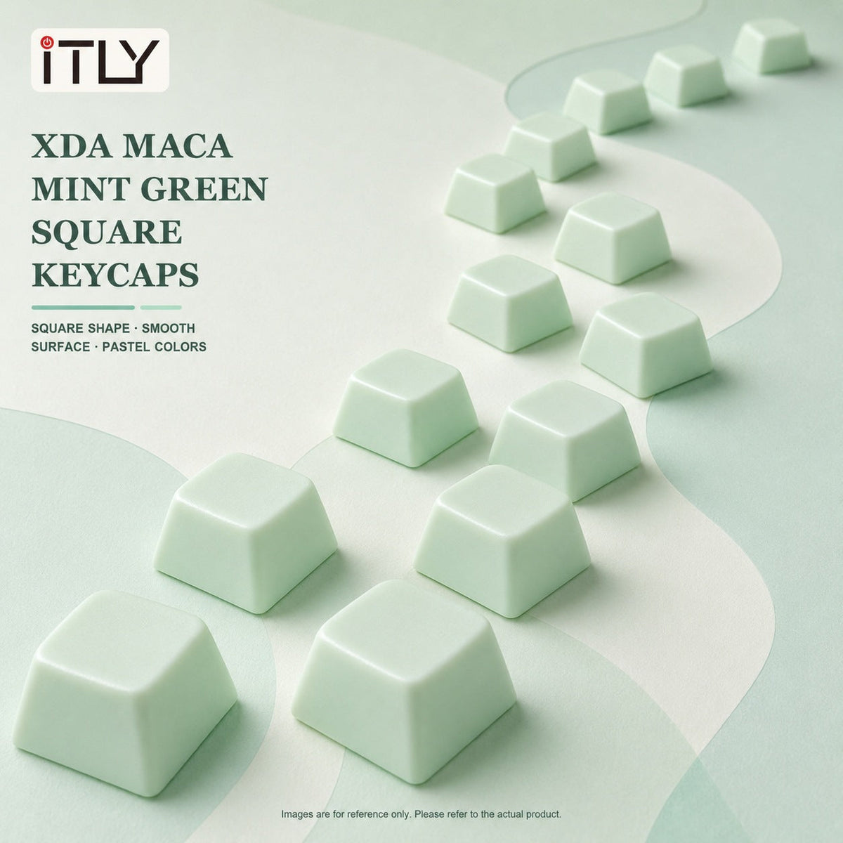Macarune – Mint green square keycaps arranged in a winding line across a pale green surface